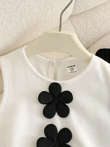 Elladie kids 女童休闲优雅蝴蝶结荷叶边无袖圆领背心+纯色修身喇叭裤针织两件套 - 黑與白 - 查看 3