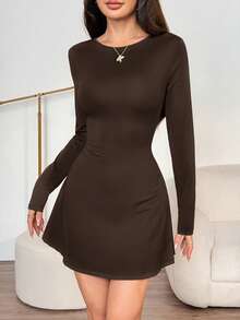 SHEIN PETITE 女士修身长袖高领迷你连衣裙，荷叶边下摆，咖啡色，适合春夏季叠穿、约会或通勤，优雅的伞裙式连衣裙，适合办公室穿着，春夏内搭，女士夏季连衣裙，茶会连衣裙，长袖连衣裙 - 棕色 - 查看 8