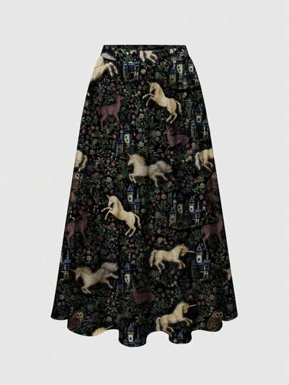 Fairycore Jupe ample à ligne A imprimée de fleurs, de cerfs et de motifs vintage élégants pour femmes de grande taille, style bohème