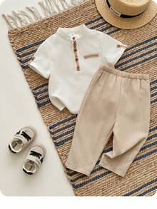 男婴可爱休闲百搭字母印花长袖衬衫和松紧腰裤套装 - 白色 - 查看 1