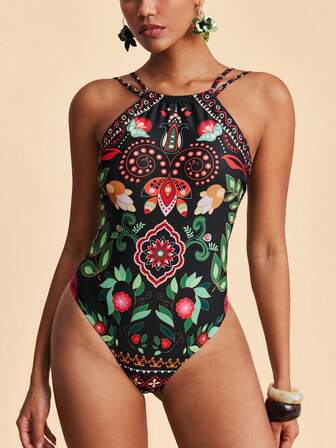 Travachic 女士印花露背连体泳衣，度假风