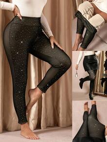 SHEIN Clasi 大码女士日常优雅派对通勤时尚闪亮水钻网眼保暖加热打底裤，高弹保暖内衬，水钻亮片裤可爱星形裤 - 彩色 - 查看 3