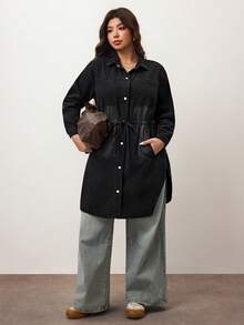 Enliva Áo khoác denim dài tay cỡ lớn dành cho nữ màu trơn đơn giản hàng ngày - màu đen - Xem 5