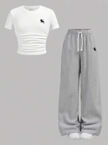 少女春夏时尚休闲简约白色印花T恤+黑白条纹针织裤两件套，百搭休闲、日常、上学、度假皆宜 - 彩色 - 查看 5