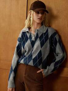 Écloséra Áo len chui đầu tay dài cổ polo kiểu Pháp, họa tiết kim cương, thiết kế cài nửa nút, màu kaki, dành cho nữ, mùa thu/đông - Nhiều màu - Xem 6