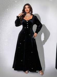 Viva Relle Plus Size Women's Elegant Romantic Party Dress, V-Neck Long Sleeve Velvet Sequin Embellished Fit & Flare Maxi Dress For New Year, Christmas, Holiday Ball, Red - Black - View 4