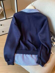 Airaco Loose Casual V-Neck Shirt Collar Splicing Long Sleeve Sweatshirt