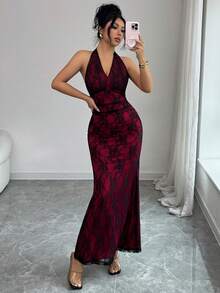 Rafferiza 优雅蕾丝露背派对连衣裙，适合派对叠穿