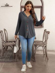 SHEIN LUNE 大码女式纯色罗纹连帽开衫 - 深灰色 - 查看 6