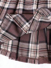 SHEIN Girls Casual Long Sleeve T-Shirt And Pleated Skirt Set, Black Ribbed Top And Brown Plaid Skirt, Suitable For Walking, Shopping, Travel And Outdoor Activities, Can Be Paired With Vest, Jacket, Coat - Chocolate Brown - View 7