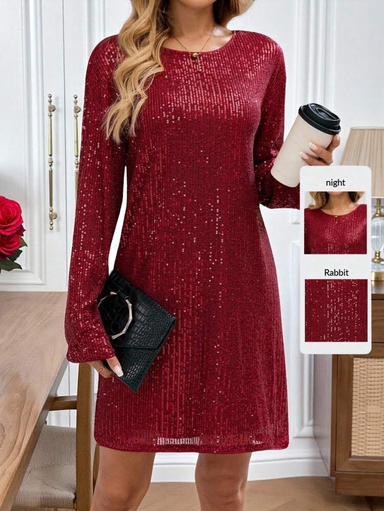 Women's Solid Color Round Neck Long Sleeve Sequin Elegant Fashion Mini Dress Red Dress Red Dresses For Women Sequin Dress Sequin Dress For Women Sequin Dress For Women Elegant Dresses For Party Christmas Clothes For Women Christmas Party Dress,Red Dresses For Women,Christmas Dresses For Women