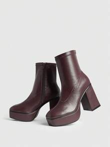 SHEIN X Lucía Bellido Sugerpunk 女士时尚百搭通勤厚跟踝靴 - 棕色 - 查看 5