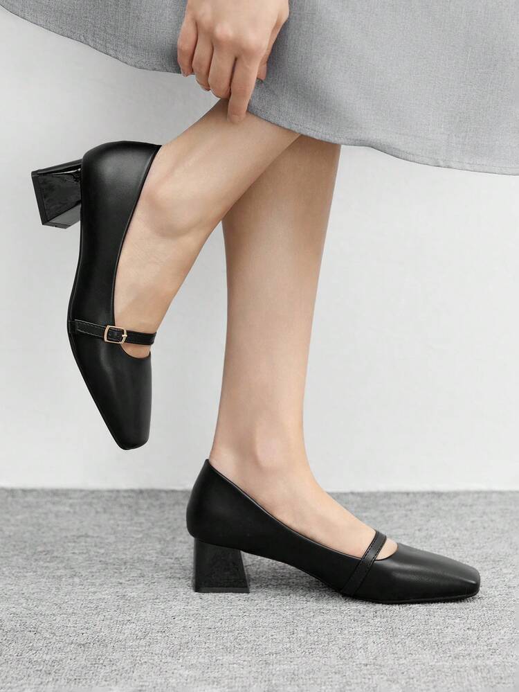 CUCCOO BIZCHIC Women's Black Square Toe Buckle Design Fashionable Versatile High Heels For Christmas