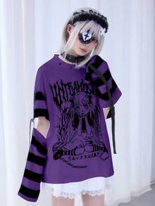 ROMWE Anime Cute Striped Patchwork Women's Cartoon Character Letter Print Casual T-Shirt - Purple - View 4