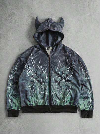 Sudadera con capucha de manga larga con cremallera y estampado de teñido anudado para hombre, corte holgado