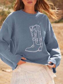 WESTFADE 牛仔西部牛仔靴圆领长袖宽松针织毛衣休闲可爱秋季西部风波西米亚风 - 藍色 - 查看 6