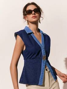 Poéselle Women's Denim Top, Casual Color-Blocked Denim Top, Dark Blue Top Summer Tops Valentine Clothes  Beach Outfits For Women Going Out Tops For Women Elegant Women's Blouses Casual Blouses For Women  Y2K Tops - Multicolor - View 4