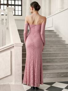 Elenzga Vestido elegante de encaje con ajuste ceñido y vibra de alta gama, adecuado para compromiso nupcial, banquete, escote corazón sin tirantes, abertura, mangas, color rosa - Rosa - Ver 2