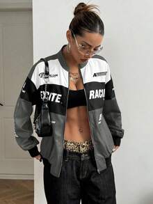 SHEIN PETITE Letter Print Contrast Color Drop Shoulder Bomber Jacket For New Year Clothes - Dark Grey - View 1