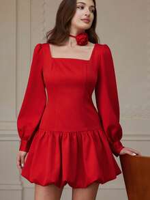 Revavyn European & American Style Fashionable Versatile Square Collar 3D Floral Decor Waist Cinched Peplum Hem Short Long Sleeve Dress, Autumn/Winter - Red - View 3