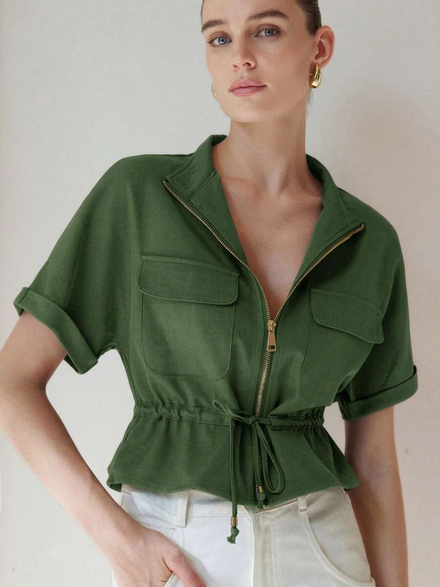 Aveloria Modichic Cămașă scurtă și la modă, cu două buzunare simetrice la piept, design cu talie strânsă, aspect elegant și practic în general. - Verde - Vizualizare 1