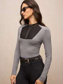Activina Women's Contrast Color Long Sleeve Stand Collar Equestrian Top Long Sleeve Workout Top Mesh Work Out Top Active Wear For Women Gym Shirt Women Long Sleeve Rash Guard Women Top Ralphlauren  Knitted Fabric - Grey - View 7