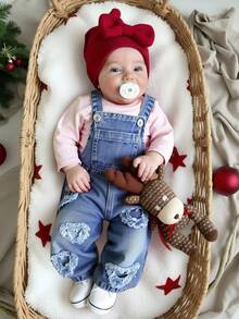 SHEIN Playful Pals 女童/幼儿心形图案休闲牛仔连体裤 - 淺色水洗藍 - 查看 3