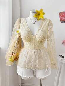 Sweetra Áo thun ngày lễ tình nhân hình trái tim màu hồng dễ thương cỡ lớn dành cho nữ - Màu be - Xem 5