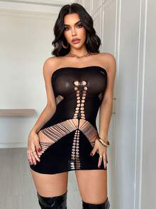 Falda de malla sexy con bandeau de unicolor y rasgado para mujer - Negro - Ver 4