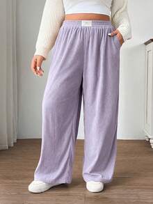SHEIN EZwear Plus Size Women's High Waist Loose Corduroy Fabric Pants With Pockets And Patch Design, Suitable For Campus, Daily Wear, And Indoor Work, Lavender, Autumn/Winter - Mauve Purple - View 6