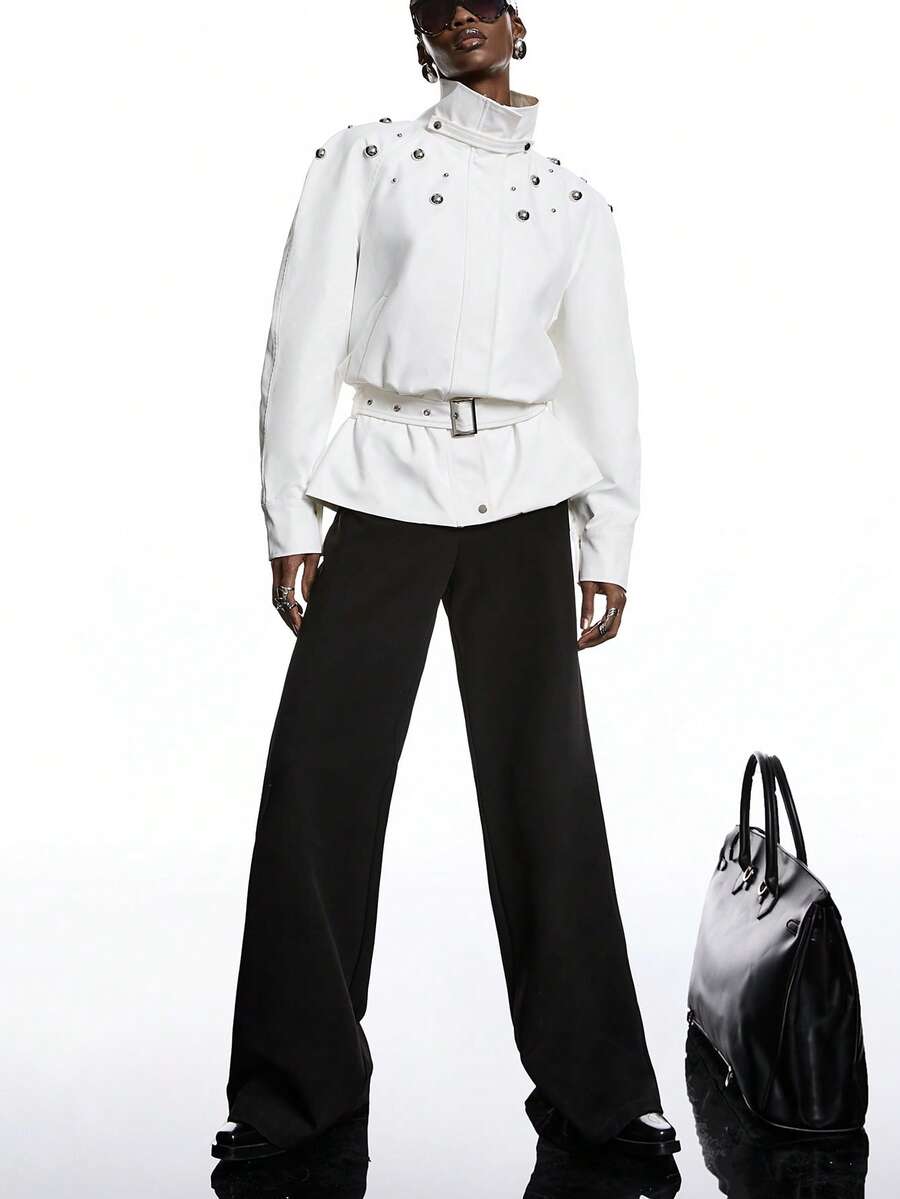 LYSMO 女士时尚休闲腰带风衣 - 白色 - 查看 1