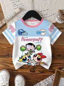 THE POWERPUFF GIRLS X SHEIN Young Girl Powerpuff Girls Blossom, Bubbles, Buttercup Pattern Colorblock Round Neck Short Sleeve T-Shirt - White - View 1