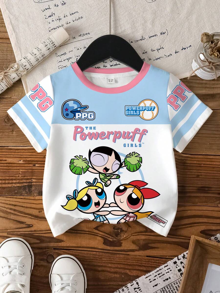 THE POWERPUFF GIRLS X SHEIN Young Girl Powerpuff Girls Blossom, Bubbles, Buttercup Pattern Colorblock Round Neck Short Sleeve T-Shirt - White - View 1