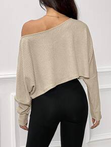 SHEIN PETITE Casual Oversized Dropped Shoulder Oblique Shoulder Long Sleeve T-Shirt, Textured Jacquard Fabric - Khaki - View 2