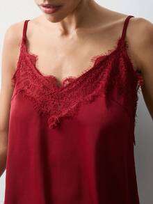 Maija Romantic & Elegant For Valentine's Day Burgundy Satin Lace Patchwork Side Slit Women's Camisole Top Summer