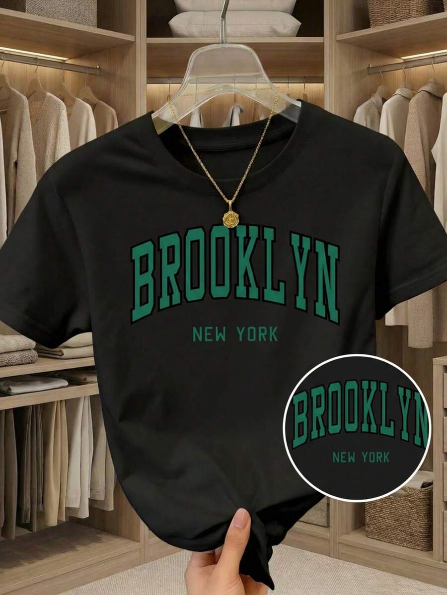 Camiseta de manga corta con cuello redondo, adornada con estampado, para ropa de Año Nuevo, camisetas gráficas para mujeres - Negro - Ver 1