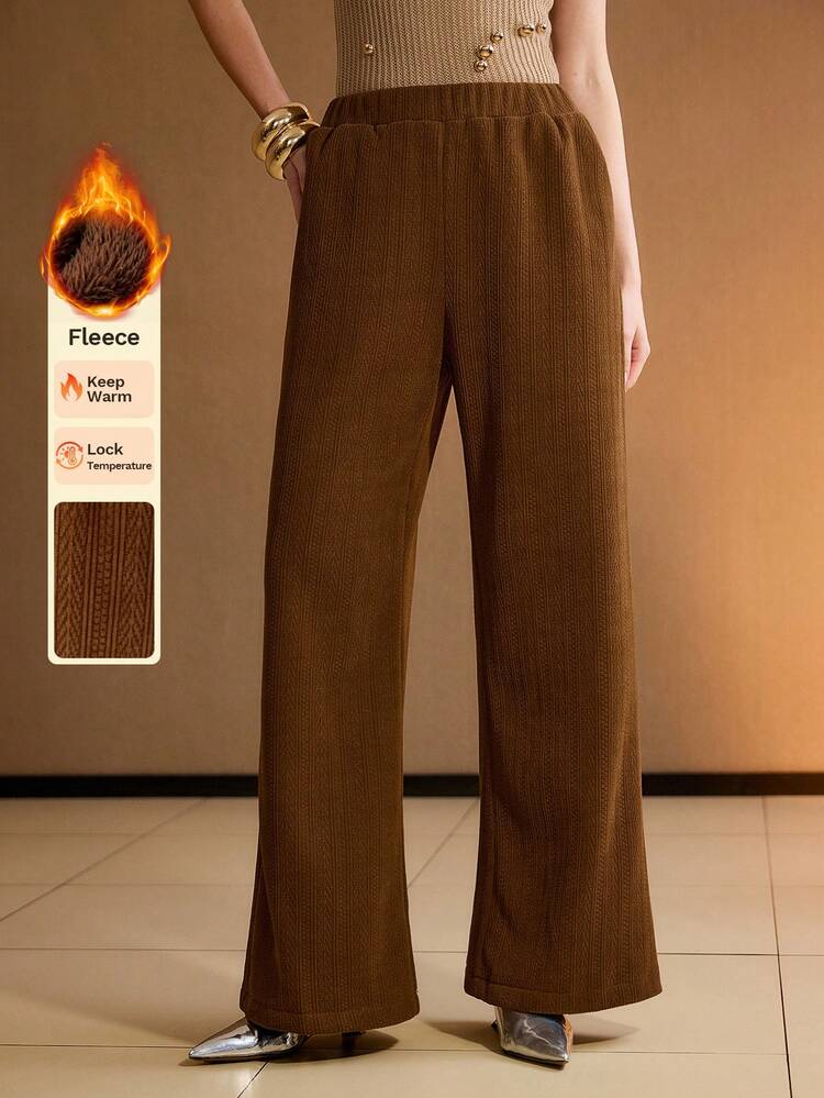SOLID TEXTURED KNIT ELASTIC WAIST SLANT POCKET WIDE LEG PANTS