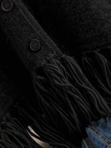 SHEIN Cosyjoi 大码优雅法式休闲流苏开衫，厚实高品质简约针织毛衣外套，女士秋冬款 - 黑色 - 查看 4