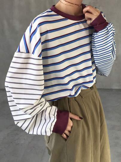 FRIFUL Women's Loose Fit Casual Colorblock Striped Round Neck Drop Shoulder Long Sleeve T-Shirt, Versatile For Spring & Summer