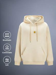 Driftmere 男士户外探险元素印花抽绳连帽卫衣，开学季，秋冬 - 杏色 - 查看 2