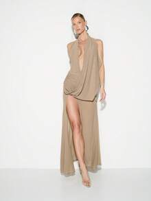 KIZN Váy Maxi Cổ Halter Lưới Xếp Ly Có Chi Tiết Rẽ Eo Và Cổ Khoét Sâu Cho Những Buổi Tối - Màu be - Xem 1