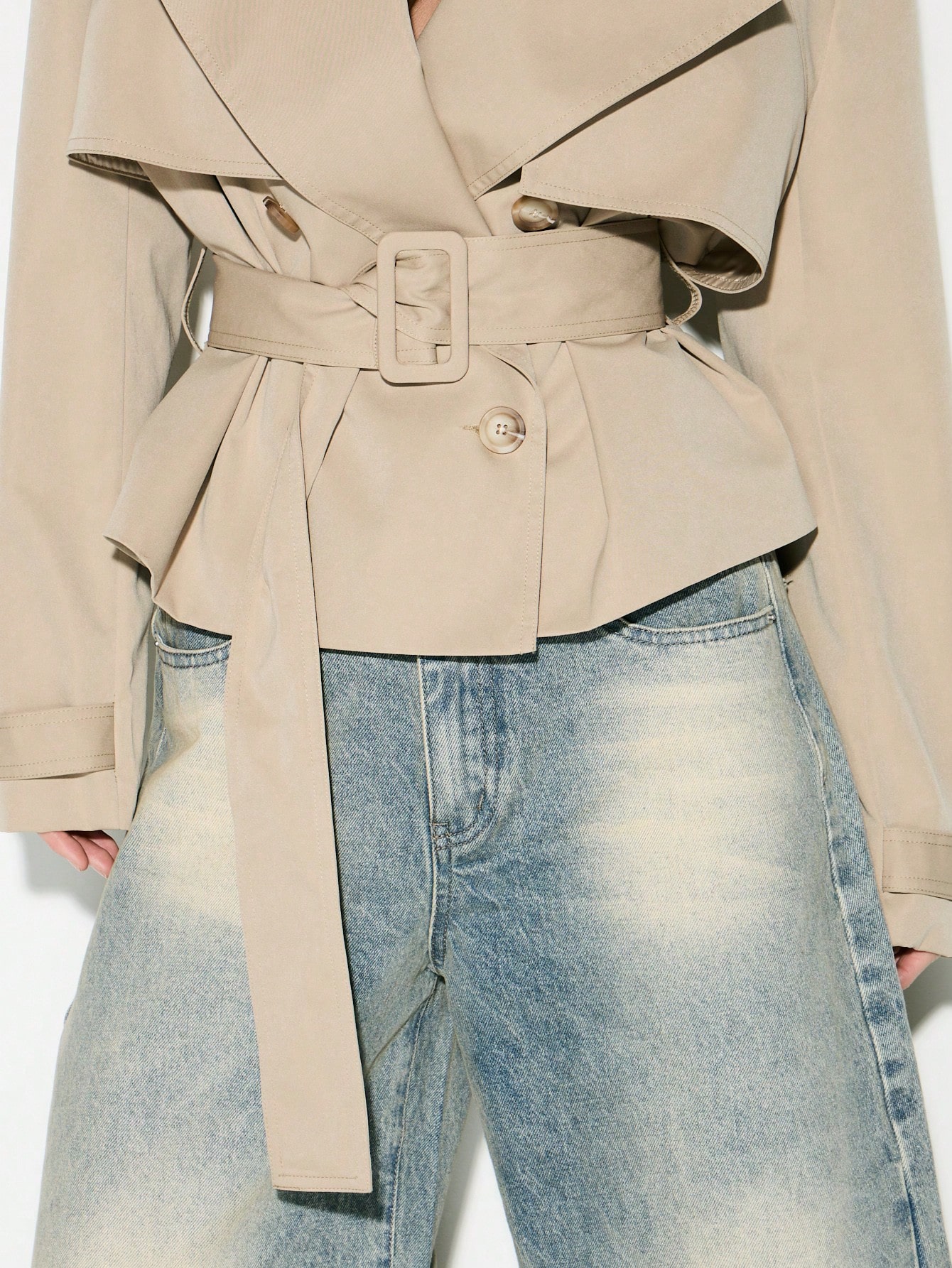 KIZN Cropped Trench Coat With Shoulder Pads