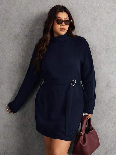 Elaquor Plus Size Women Elegant Minimalist Metal Waist Belt Loose High Neck Black Sweater Dress, Autumn/Winter