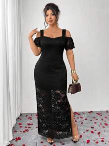Elenzga 大码优雅长款裹身连衣裙，心形领口，蕾丝开衩设计，非常适合春季、晚宴、紧身和浪漫场合。 - 黑色 - 查看 3