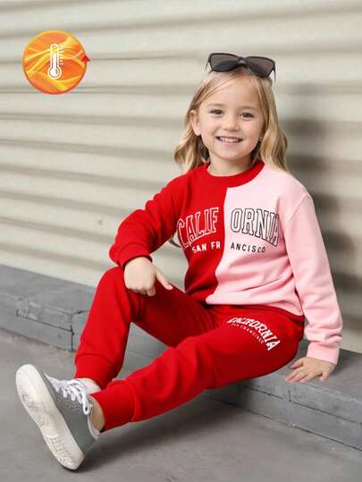 2pcs/Set Girls Casual Sports Colorblock Letter Print Pullover Sweatshirt Sweatshirt And Sports Pants Set, Suitable For Autumn/Winter Kids Jogger Sets Sweatshirt Set For Girl Red Kids Outfit Girls Comfy Set Long Sleeve Sets Girls