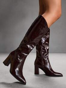 CUCCOO SZL Women's Fashion Commuter Chunky High Heel Knee-High Boots For Christmas - Coffee Brown - View 3