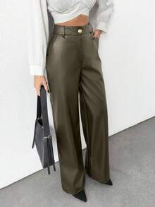 Plus Size Women's Gold Button Detailed Straight Fit Leather Pant - Green - View 4