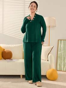 Momelise 2件套加大码女式休闲舒适纽扣装饰套装 - 墨綠色 - 查看 3