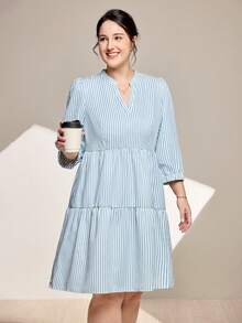 Momelise Váy kẻ sọc dài tay thường ngày cỡ lớn dành cho nữ, thích hợp mặc vào mùa xuân, mùa hè, mùa thu, đi làm thường ngày, đi chơi nông thôn, mặc ở nhà - Màu xanh lam - Xem 5
