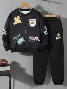Vacaura 2pcs Boys Crown Graphic Crew Neck Black Sweatshirt And Sweatpants Set, Suitable For Outdoor Spring/Autumn - Black - View 6
